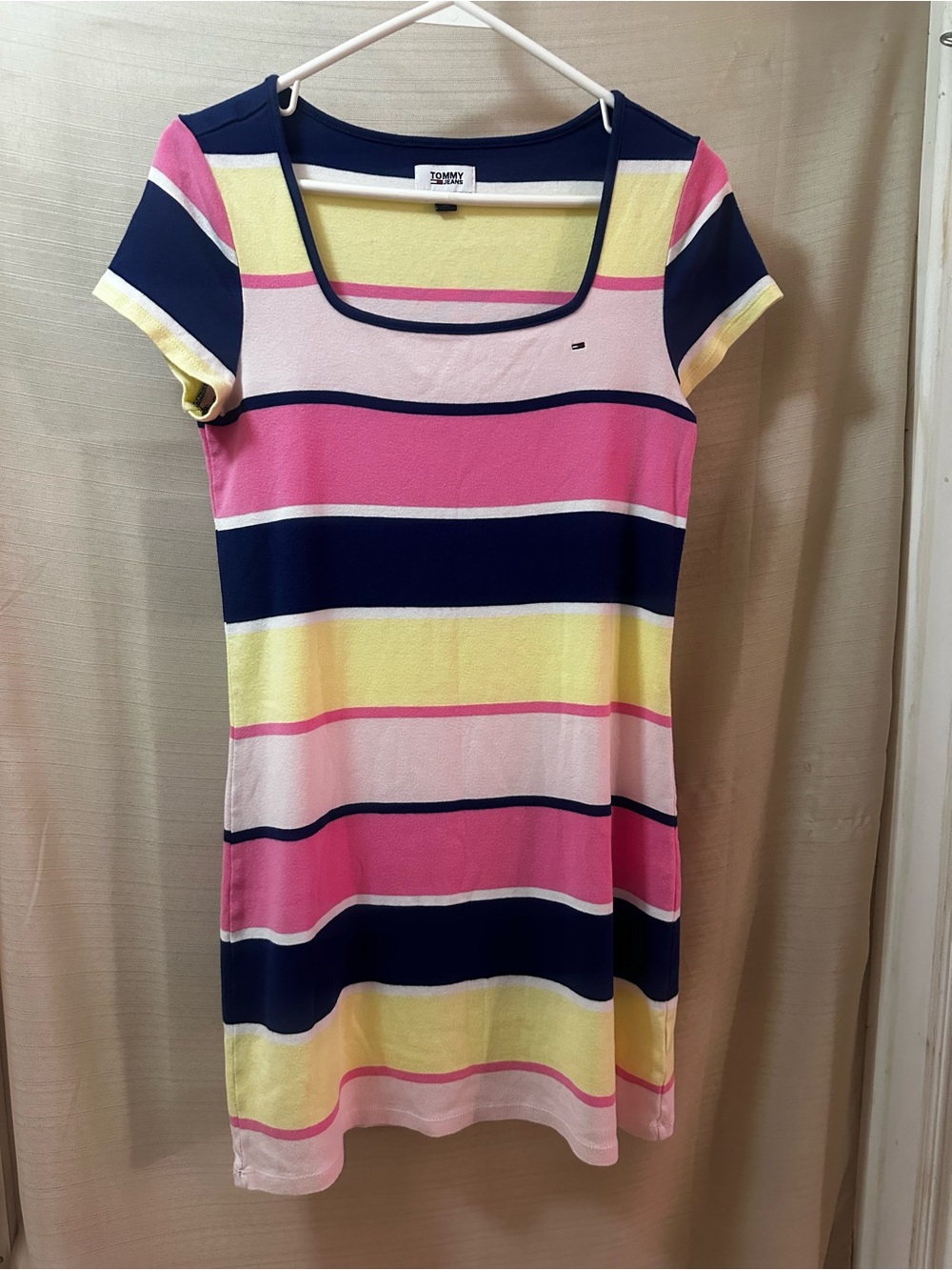 Y2K Tommy Jeans Womens Striped Cotton Mini Dress Square Neck Preppy Short Sleeve